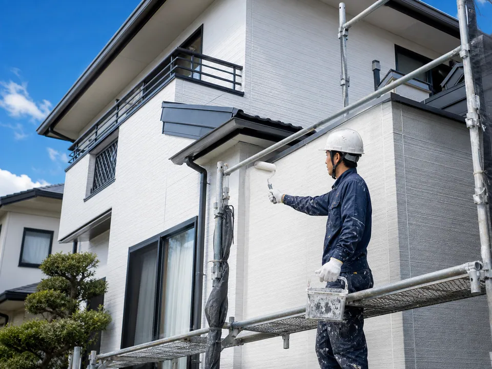 戸建て住宅の外壁を塗装する職人
