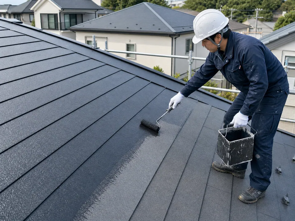 戸建て住宅の屋根を塗装する職人