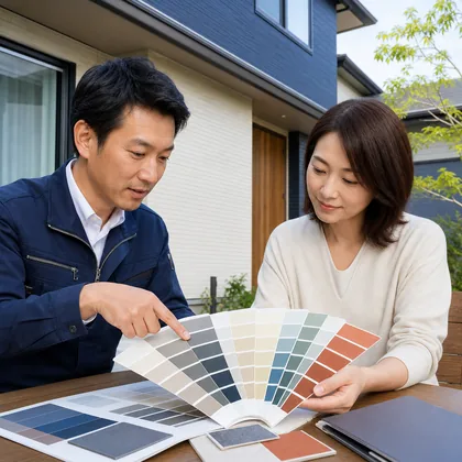 住宅の外壁色をカラー見本で相談する様子