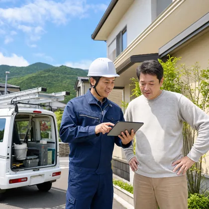 地域のお客様へ施工後の点検内容を説明する様子